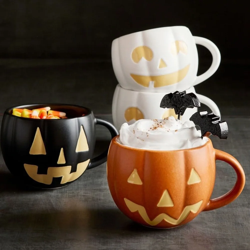Pottery Barn Jack-O’-Lantern Mug Handpainted Stoneware Pumpkin NEW